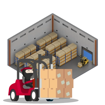 A forklift driven by Ryo moves boxes into a warehouse, showcasing Ninja Van's fulfilment and warehousing services.